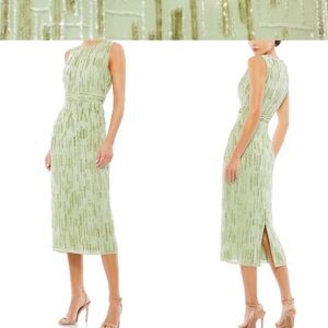 $498 NEW MAC DUGGAL 8 SAGE GREEN HAND BEADED MIDI CREPE SHEATH COLUMN DRESS NWT